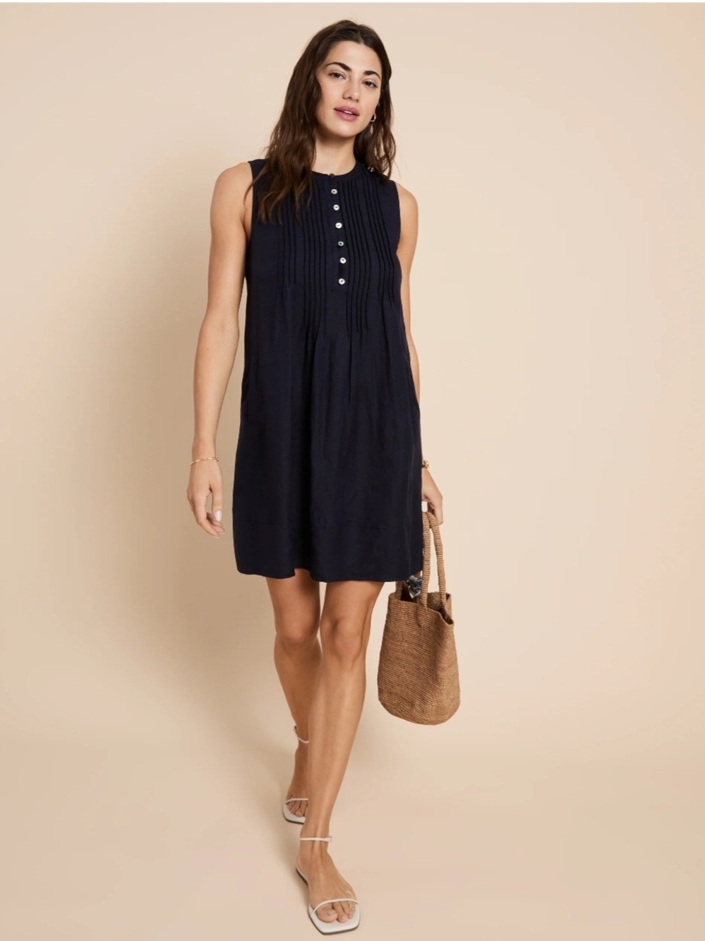 Few Moda Caara Sleeveless Navy Linen Pintuck Mini Dress